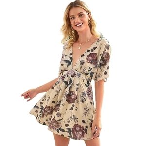 Floerns Women's Tropical Floral Plunging V Neck Tie Open Back Summer Short Dress
